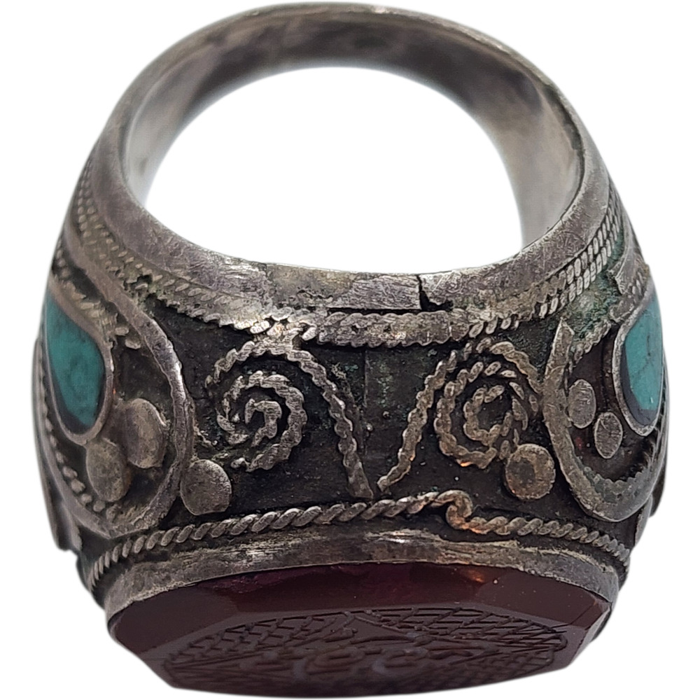 Vintage Ring Turkmen Silver Carved Turquoise Coral Inlay Sz 8.5 Arabic BIG - Picture 12 of 16